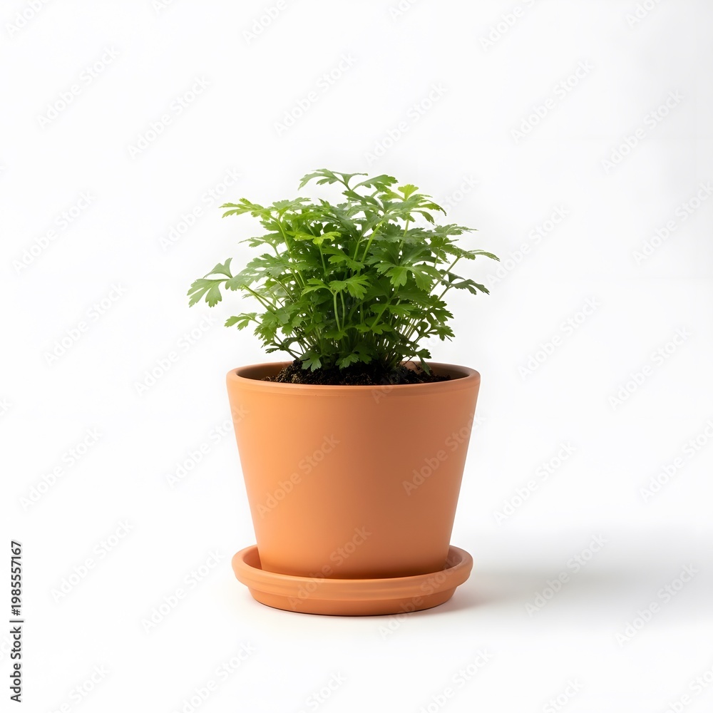 Fototapeta premium Green plant in a terracotta pot with a saucer on a white background (469