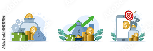 Set of flat vector illustrations for investment and financial growth, featuring investors, savings wallet, banking system, piggy bank, and money management concepts.