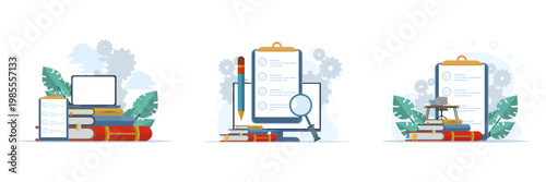 Exam and testing illustration set with checklist, answer forms, and evaluation concept, showing academic assessment and learning process in flat design style.