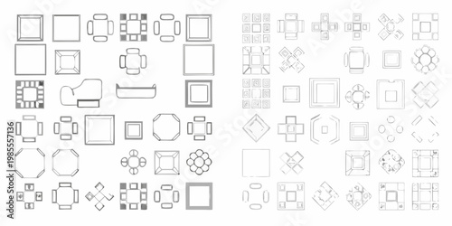 Architectural floor plans and furniture layouts in black and white