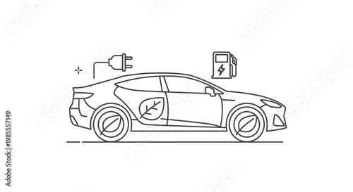 Electric car with charging plug and gasoline fuel pump vector illustration in outline style for eco friendly transportation design