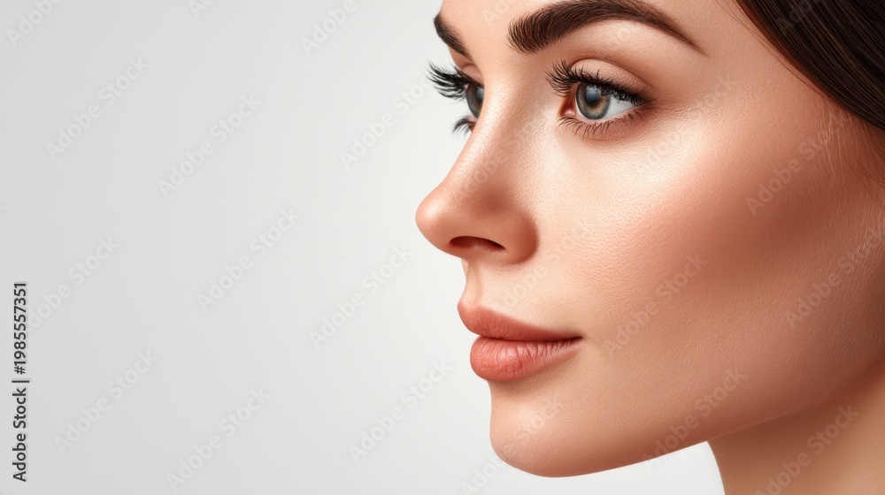 Obraz premium Elegant profile of a woman with flawless skin showcasing natural beauty, soft lighting, and minimalistic background highlighting facial features