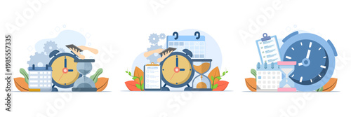 Time schedule and management illustration set with planner, calendar, and deadline concept, showing startup planning and efficient workflow in modern flat design style.