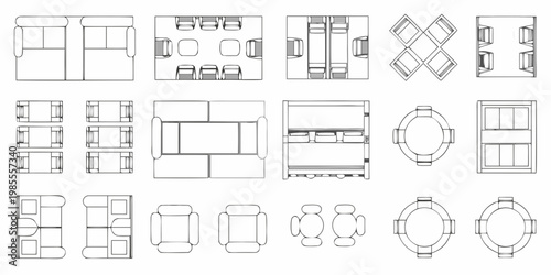 Architectural floor plans displaying various furniture arrangements in rooms