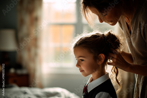 Mother braiding daughter’s hair before school in morning light