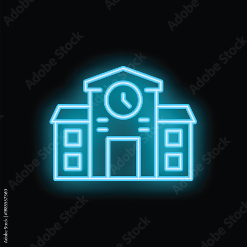 Neon icon of a school building with a clock tower, symbolizing education and the passage of time