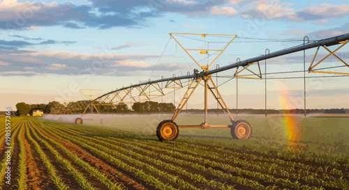 Center pivot irrigation system watering cornfield at sunset in a cartoon style illustration showing precision farming on a summer evening