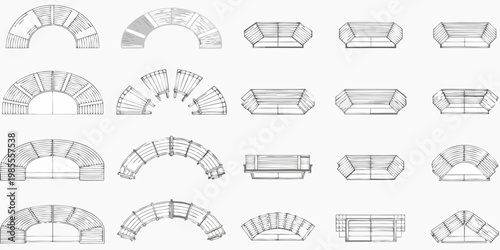 Architectural sketches of curved and rectangular structural elements
