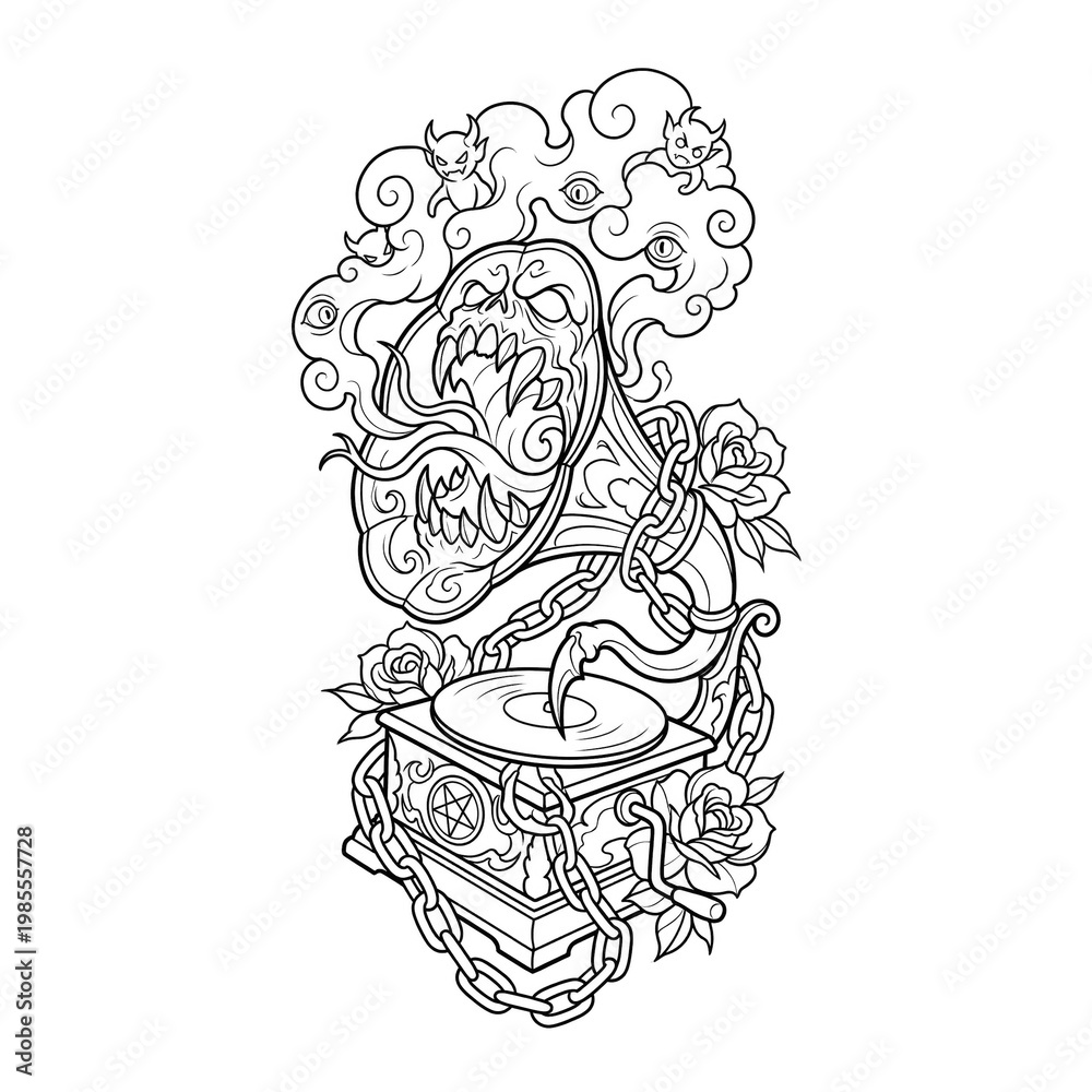 Fototapeta premium Black and white haunted gramophone with monster mouth isolated on white for coloring pages