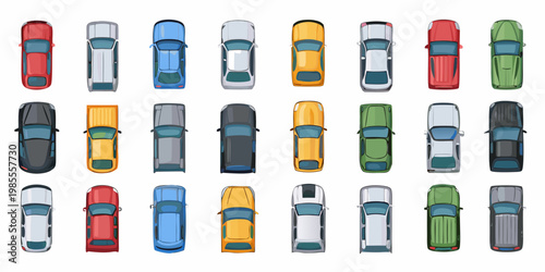 Overhead view of a colorful collection of various automobile vehicles