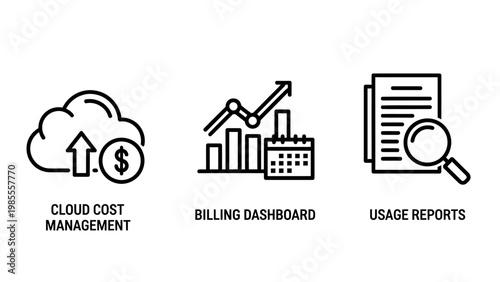 Cloud cost management with upward dollar sign billing dashboard with calendar and graph magnifying glass over usage reports icons management dashboard analysis calendar planning document
