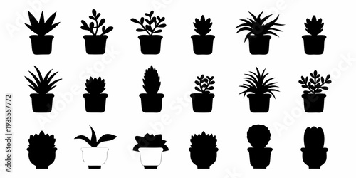 Collection of diverse potted plant silhouettes in a grid arrangement