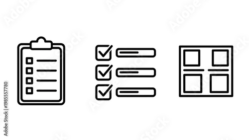 Checklist clipboard three task lists with checkmarks grid layout icons checklist clipboard checkmark completed progress document organization planning management information interface