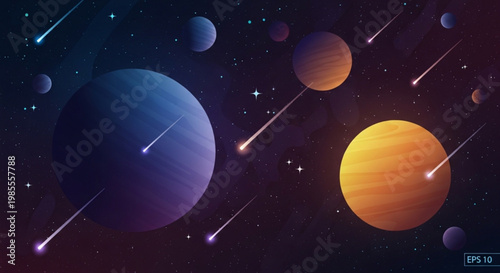 Outer space background with colorful planets and falling meteors, cosmic galaxy landscape with glowing stars, astronomical vector illustration for science posters