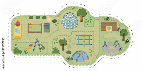 Aerial view of a colorful children s playground with various play structures