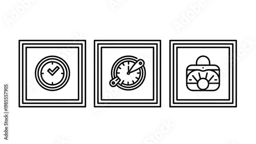 Clock with checkmark compass dial sunrise icons checkmark schedule completion accuracy precision direction navigation beginning illustration business planning progress management