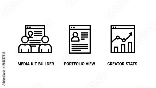 Digital creator icons: media kit builder portfolio view creator stats with data visualization upward trend web page social media online presence online business portfolio analytics business