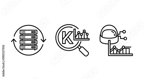 Server rack data analysis magnifying glass graph icons with analysis database computer technology information research statistics monitoring illustration business intelligence performance