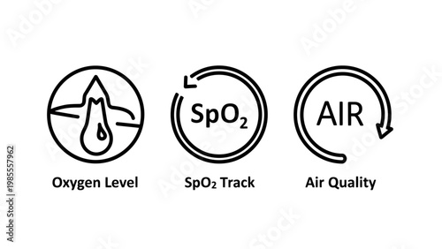 Oxygen level sp o2 track air quality icons with pulse oximeter vital signs disease prevention oxygen saturation air pollution sp o2 track monitoring illustration collection indicator