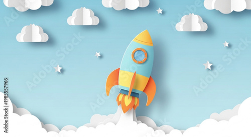 Paper cut rocket launching into the sky with clouds and stars representing startup innovation and exploration perfect for business concepts