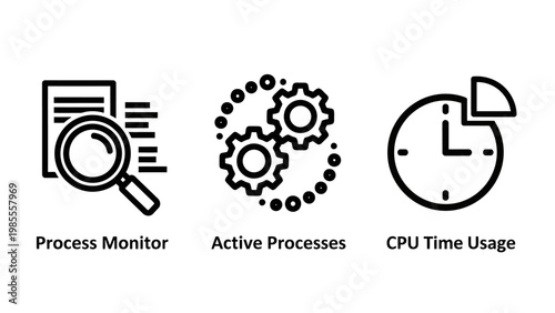 Process monitor active processes cpu time usage icons with magnifying glass computer software technology performance efficiency analysis illustration collection information management