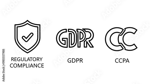 Regulatory compliance icons: shield with checkmark gdpr ccpa symbols data protection compliance regulation checkmark security document agreement standard business internet technology