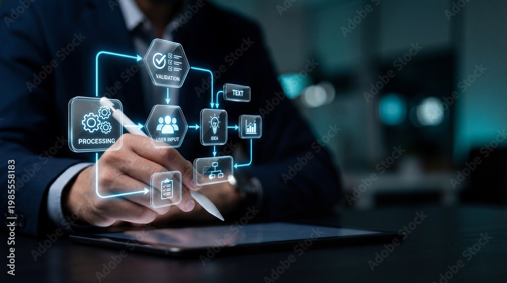 Naklejka premium Businessman using digital tablet with stylus pen and futuristic virtual interface showing workflow process and data analysis in dark office environment