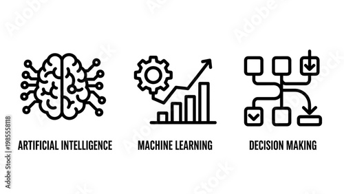 Icons illustrating artificial intelligence machine learning decision making with problem solving learning analysis intelligence algorithm strategy technology cognition thinking solution