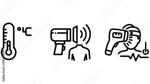 Health monitoring icons: thermometer infrared scanner temperature check with thermometer monitoring measurement hospital temperature diagnosis prevention detection illustration screening