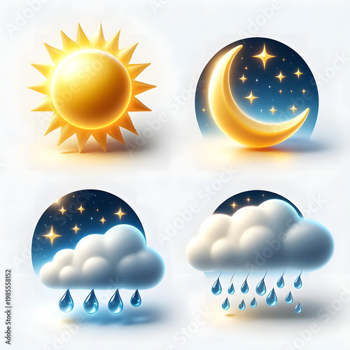 3d sun, moon and cloud. Realistic yellow sun, crescent with stars and blue rain cloud weather realistic glossy icons. Sunny day, clear night and cloudy sign. Vector isolated set.
