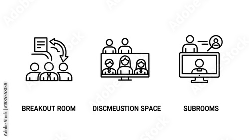 Online meeting icons: breakout room discussion space subrooms with video conference remote work subrooms virtual meeting collaboration teamwork communication internet technology connection