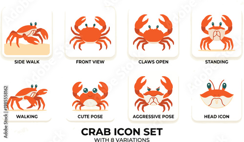 Crab animal icon set featuring 8 variations including walking, front view, side view, cute pose, expressive crab faces, and crab head icon. Flat vector illustration with clean lines isolated on white 