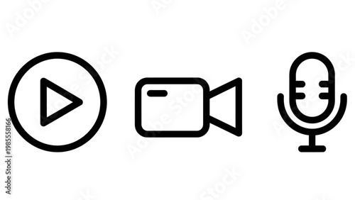 Play button camera microphone icons with video camera microphone recording streaming entertainment communication interface broadcast performance technology equipment multimedia navigation