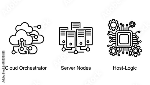 Cloud orchestrator server nodes host logic icons with data center cloud computing web hosting server farm technology computing datacenter architecture infrastructure database internet