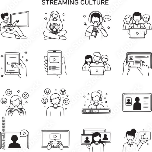 flat design illustration of diverse people engaging in streaming culture and digital entertainment at home