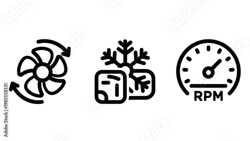 Fan rotation ice and snowflake rpm gauge icons with rotation snowflake speedometer illustration collection measurement indicator temperature performance technology machinery mechanical