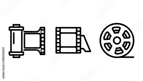 Film reel film strip roll of film icons with photography celluloid projector collection equipment illustration creation entertainment storytelling documentary artistic production artistry