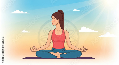 Woman meditating in lotus pose outdoors practicing yoga with sun rays and clouds in the background representing wellness and mindfulness