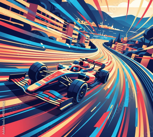 Experience the exhilarating rush of a dynamic race car accelerating at incredible speed around a vibrant, stylized track, a powerful illustration of fast-paced motorsport