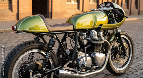 Detailed yellow cafe racer motorcycle with custom design in an outdoor urban setting with cartoon style rendering