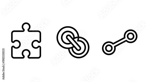 Simple line icons featuring a puzzle piece linked rings and a connector shape representing logic integration and teamwork concepts connection integration solution teamwork collaboration assembly