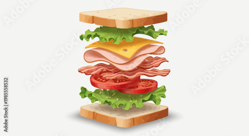 Exploded view illustration of a tall BLT sandwich with layers of lettuce tomato bacon cheese ham and bread slices