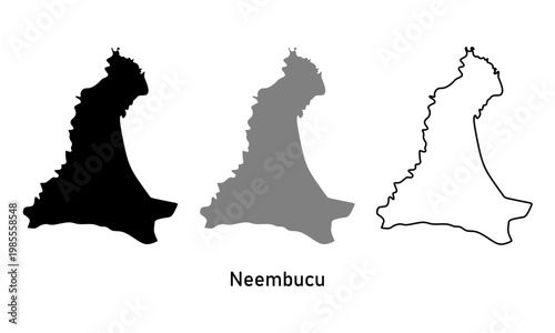 Map of Neembucu Department, a region in Paraguay. Map in black, gray, and outline