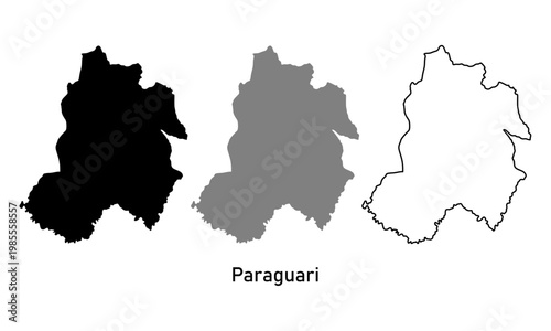 Map of Paraguari Department, a region in Paraguay. Map in black, gray, and outline