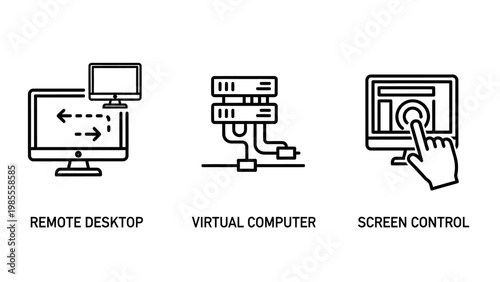 Information technology icons representing remote desktop access virtual computer server hosting and digital screen control interface for network administrators with computer interface technology