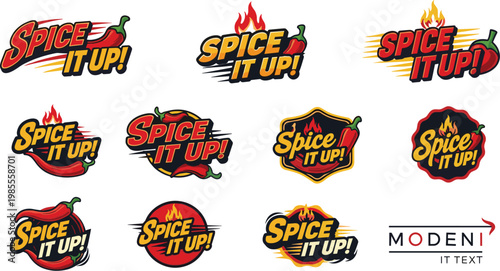 A collection of vibrant spice it up logos featuring red chili peppers and dynamic flame graphics showcasing fiery designs high quality professional detailed