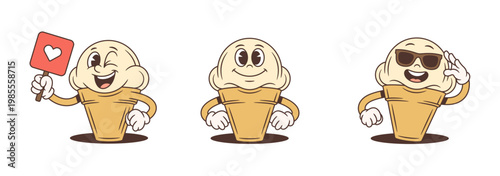 Collection of three retro cartoon ice cream mascots. A winking character with a heart sign, a confident pose, and a cool mascot with sunglasses. A useful food character vector illustration