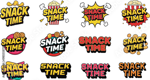 A vibrant collection of pop art style snack time graphics featuring popcorn cookies and dynamic text bubbles high quality professional detailed modern elegant
