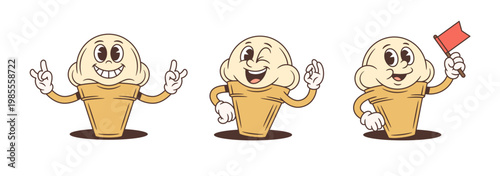 Collection of three retro cartoon ice cream mascots. Includes a character with a rock gesture, a winking one, and one holding a flag. A fun food character vector illustration set
