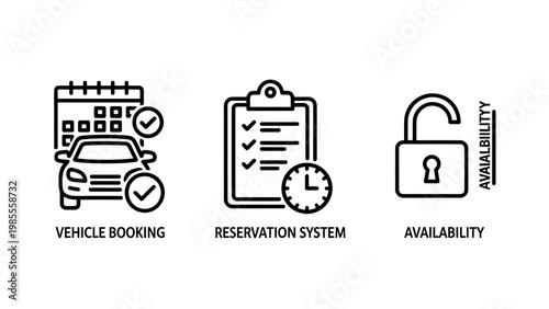 Vehicle booking reservation system availability icons set with car reservation car rental transport booking app online booking interface design user experience line art white backgroun